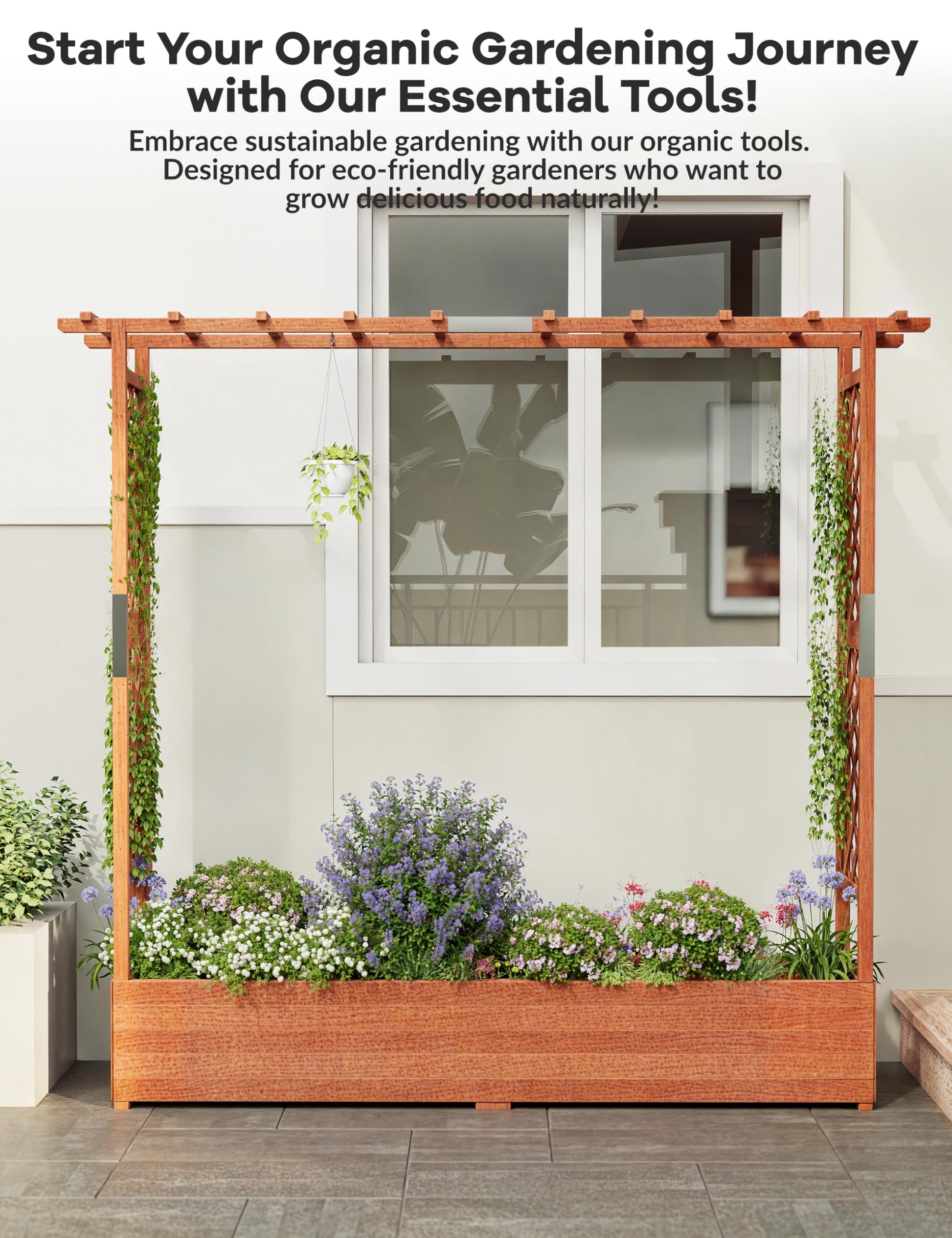 Garvee Jardinière surélevée avec treillis, bac à fleurs en bois de 183 cm (182,9 cm), toit suspendu, tous temps pour terrasse et balcon