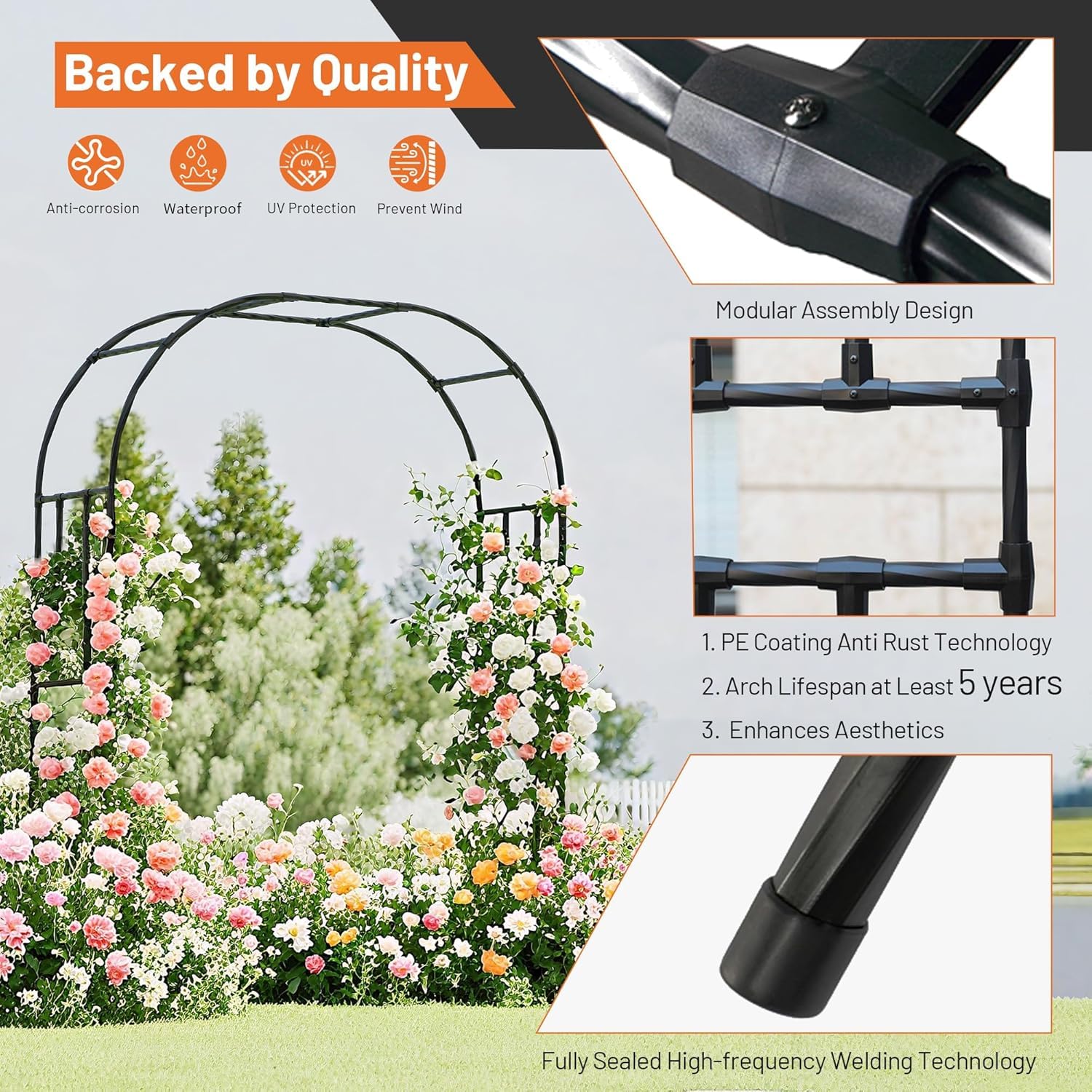 Garvee Arche de jardin en acier noir robuste, treillis pour plantes grimpantes, mariage, fête, décoration extérieure, pelouse, terrasse et allée