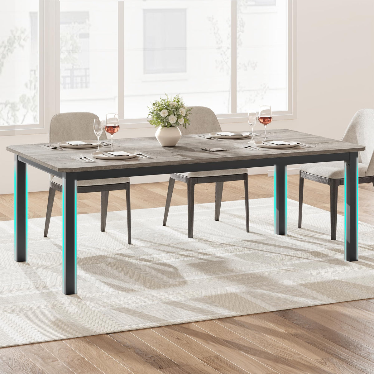 Table de salle à manger Garvee de 200 cm de long pour 6 à 8 personnes, style industriel, design biseauté, MDF et métal, largeur 10 cm, marron