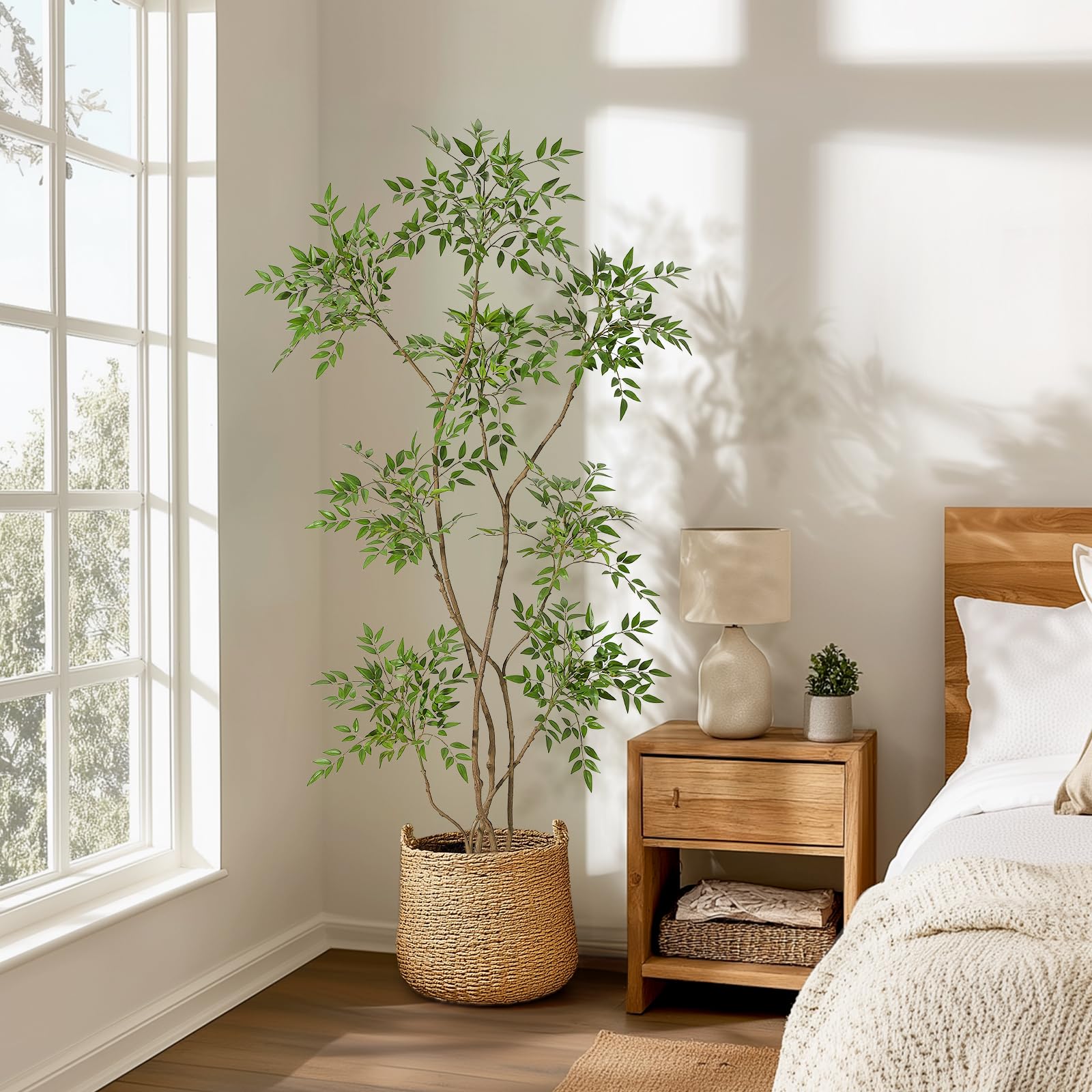 Plante artificielle Nandina Garvee de 1,80 m avec pot en céramique blanche, idéale pour le bureau et le salon. Réaliste, facile d'entretien et durable.
