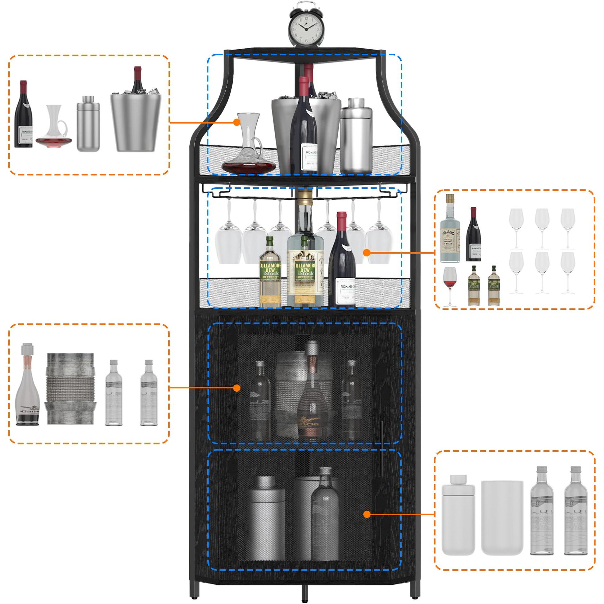Meuble bar d'angle Garvee, 5 niveaux avec porte-verres, étagères réglables, structure en métal, MDF, porte coulissante de style grange, noir, pour salon et cuisine, 47 x 45 x 154 cm