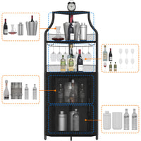 Meuble bar d'angle Garvee, 5 niveaux avec porte-verres, étagères réglables, structure en métal, MDF, porte coulissante de style grange, noir, pour salon et cuisine, 47 x 45 x 154 cm
