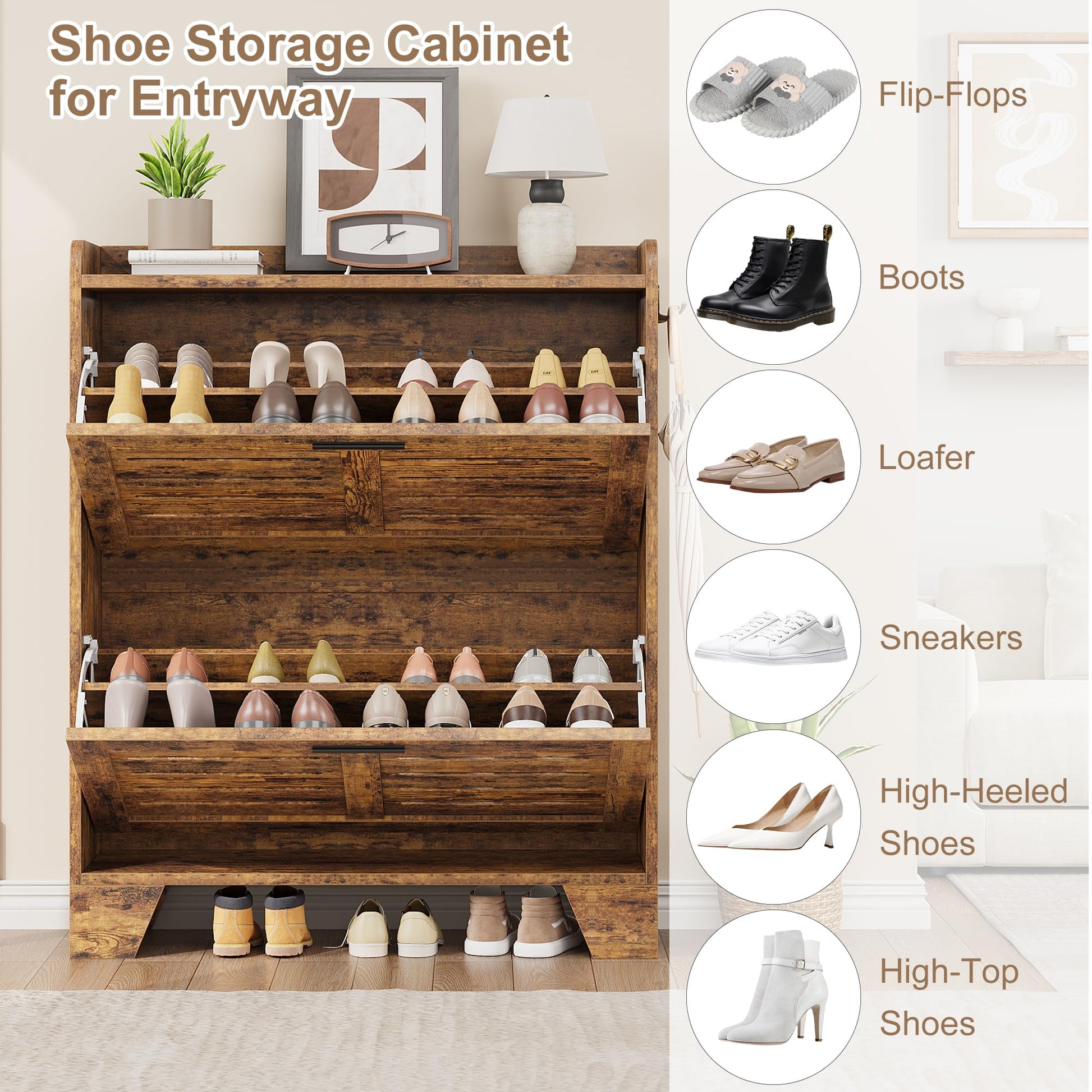 Meuble à chaussures Garvee pour entrée avec 2 tiroirs abattants, organisateur de chaussures étroit en bois P2, ventilé, résistant aux rayures, avec crochets pour entrée et garage, 35 cm, couleur bois