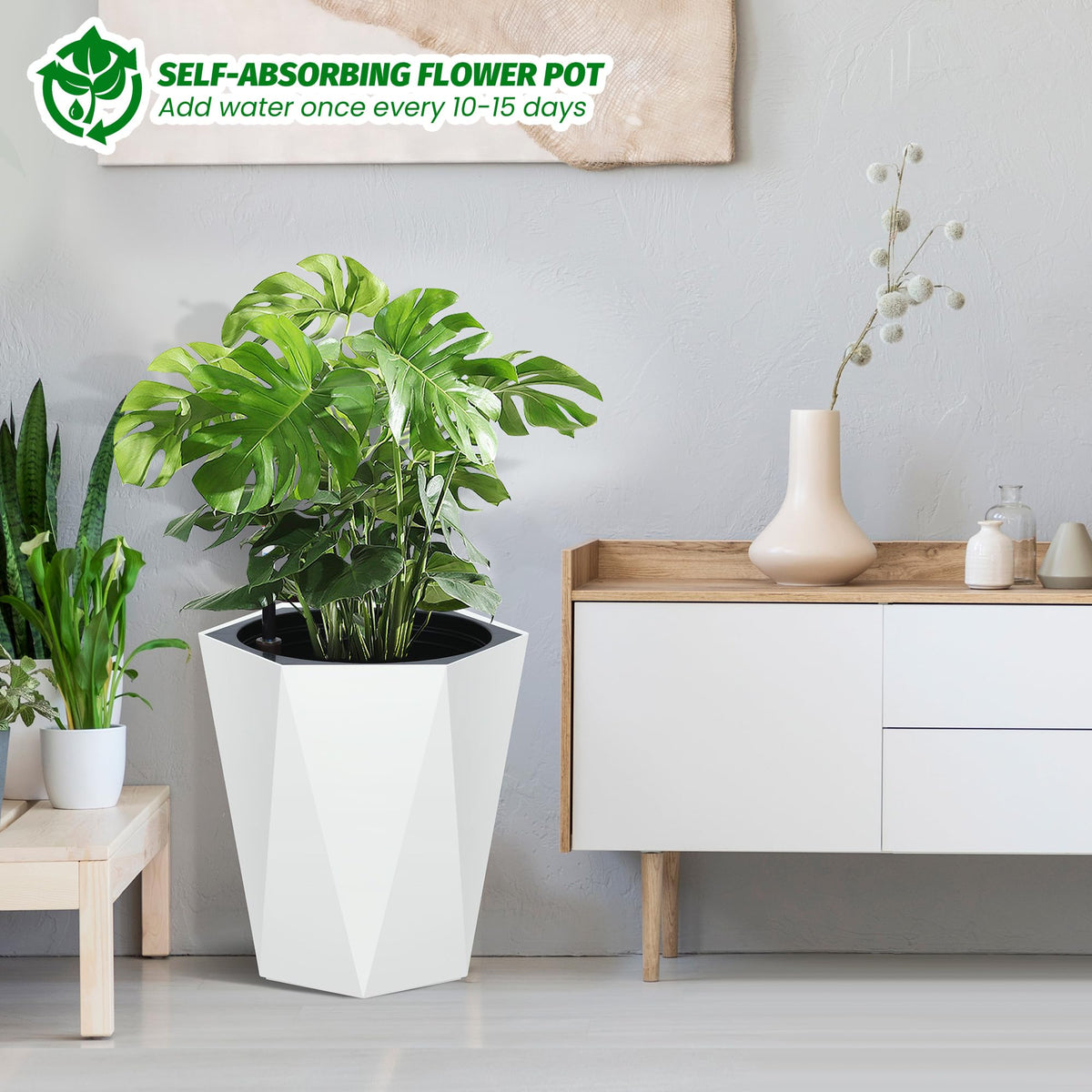 Garvee Lot de 2 jardinières diamant de 40 cm de haut, à arrosage automatique avec indicateur de niveau d'eau et roulettes, blanches, pour balcon et salon