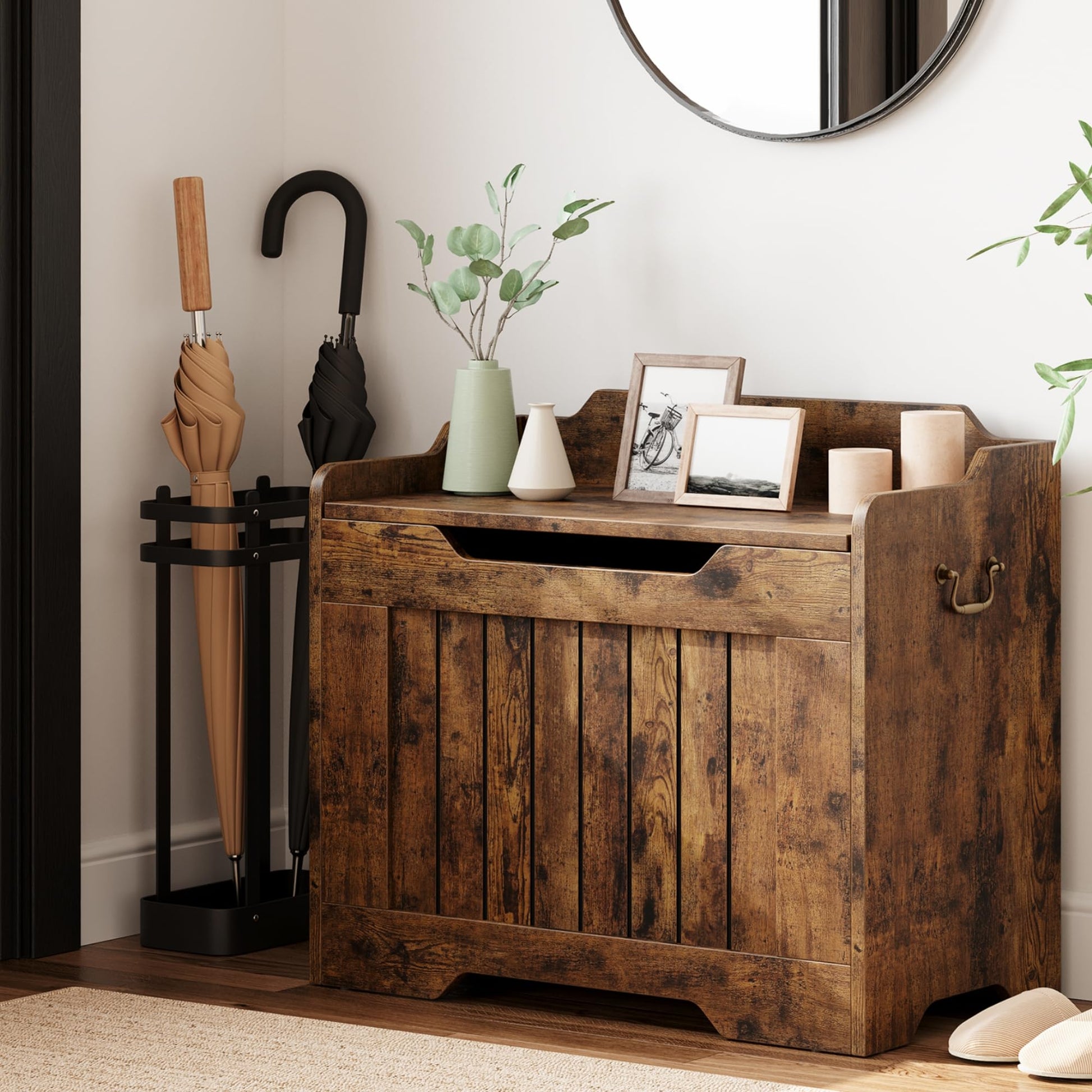 GARVEE Coffre de rangement en bois 63 cm, banc avec charnière de sécurité, supporte 159 kg, MDF durable, pour entrée, salon, chambre, style vintage
