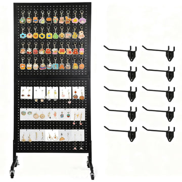 Présentoir à panneaux perforés Garvee 60 x 150 cm avec base en T et roulettes, 10 crochets, structure en fer robuste pour l'art et le commerce, mobile et polyvalent, noir
