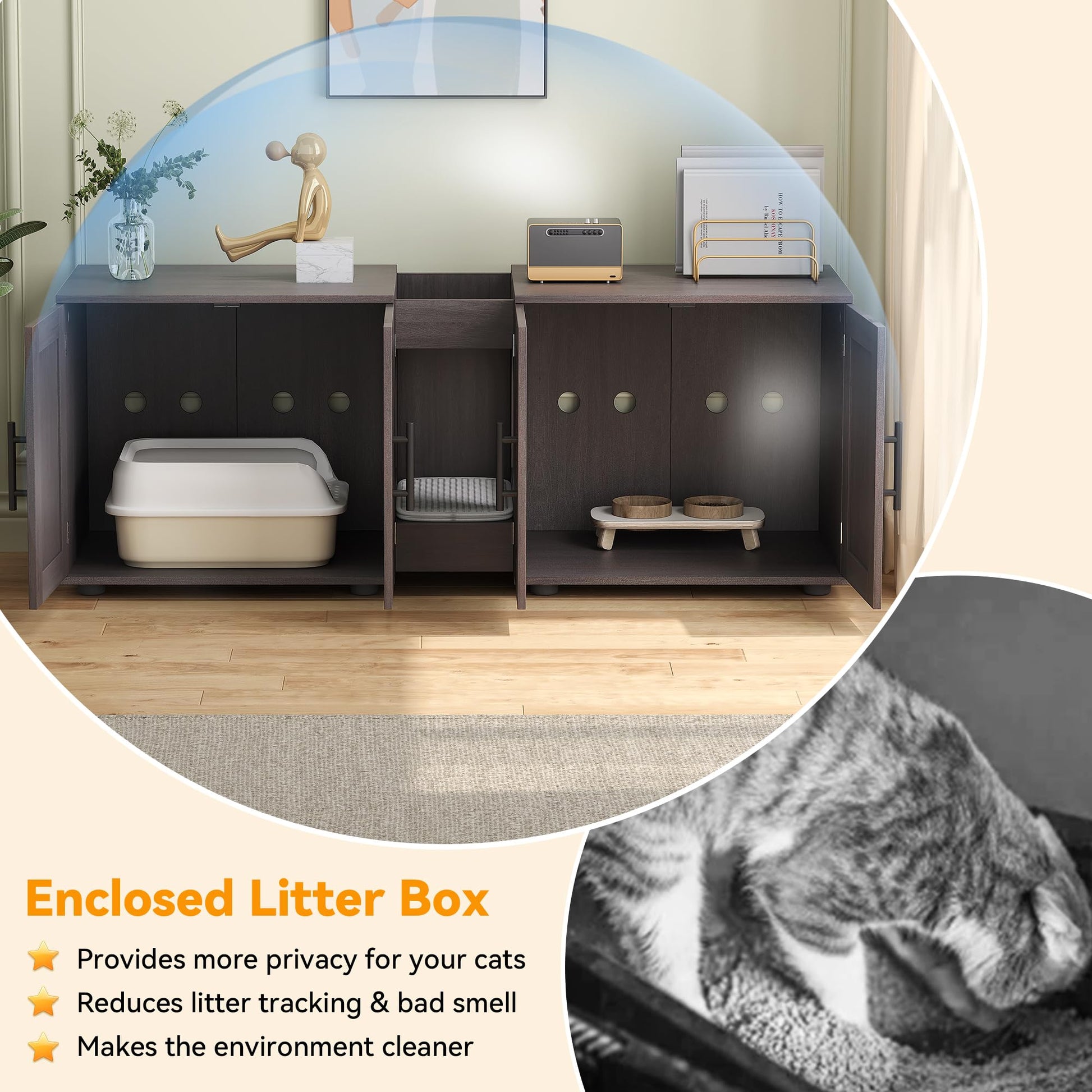 Garvee Meuble cache-litière 3-en-1 à double compartiment avec portes de grange, maison pour chat, coloris noyer