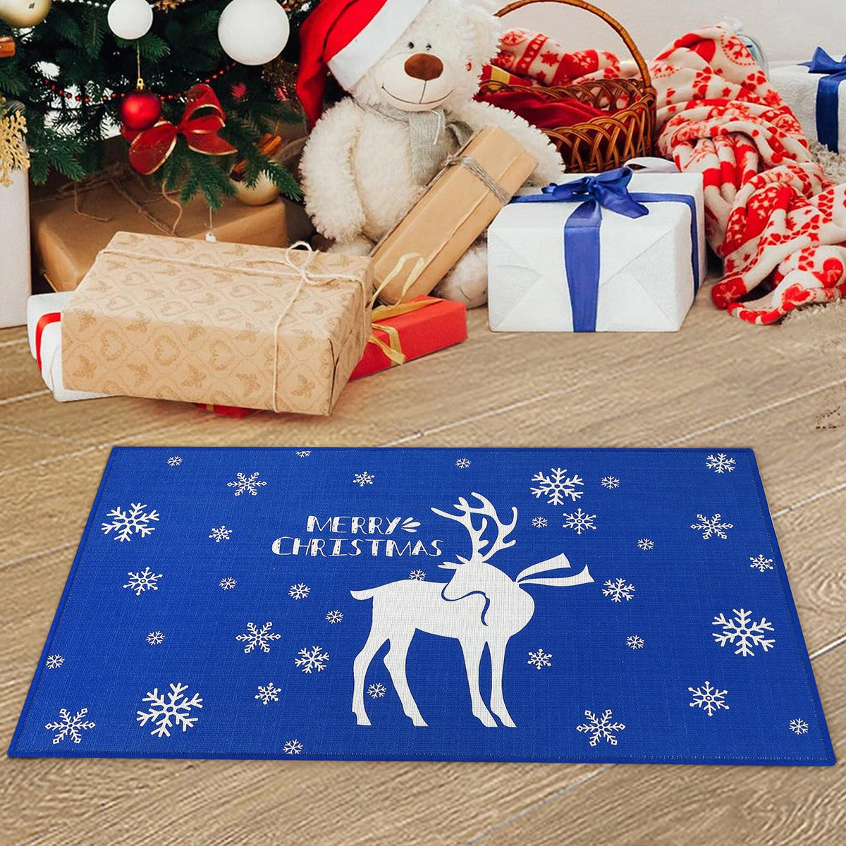 Garvee Deurmat Tapis antidérapant décoratif de Noël 50x80 cm en tissu non tissé, blanc et bleu, pour entrée intérieure et extérieure