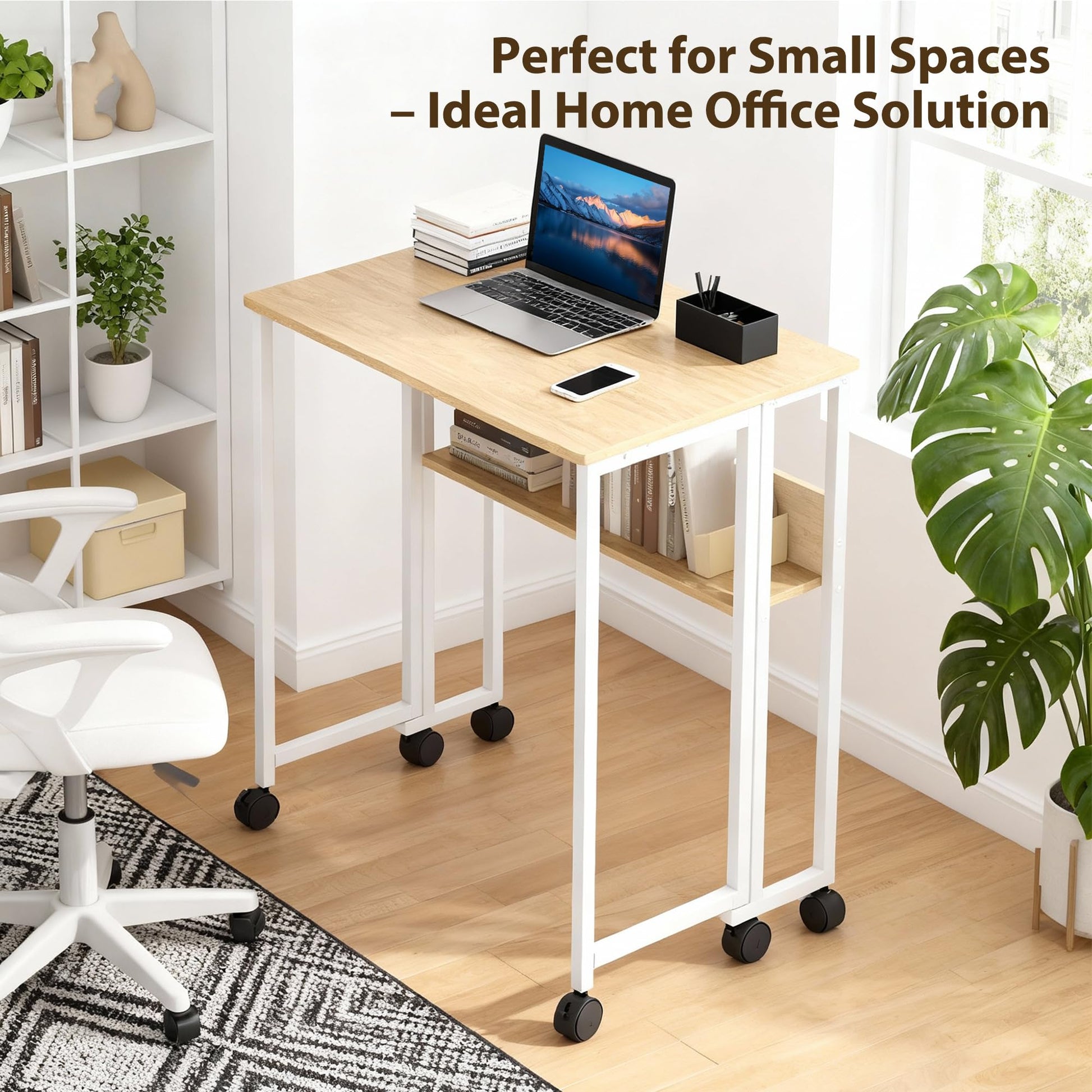 Bureau pliant à roulettes Garvee, bureau d'ordinateur pliable de 63 cm (24,8 po), structure en acier, idéal pour le bureau à domicile et la salle d'étude, gain de place, noir