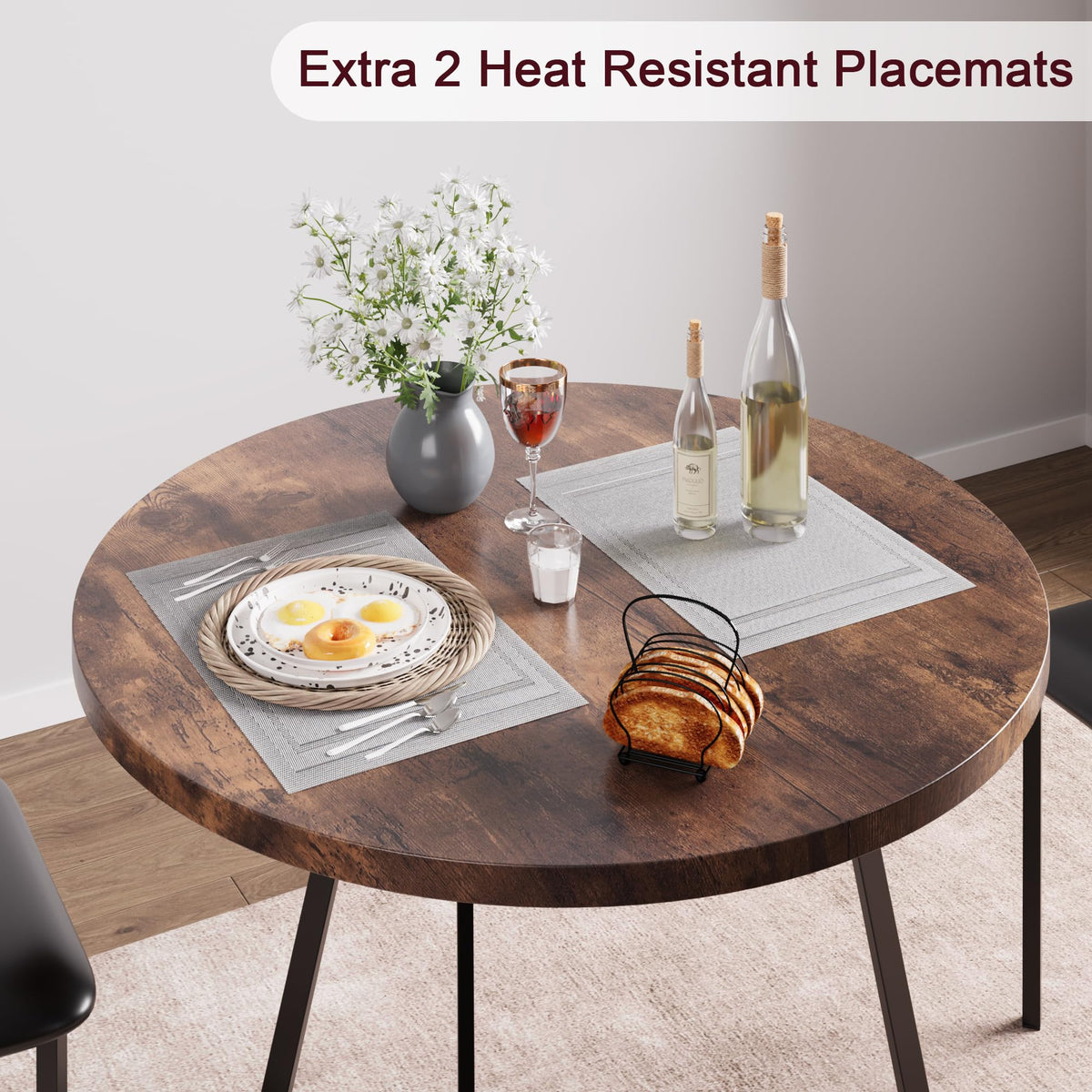 Ensemble table et chaises rondes Garvee pour 2 personnes, en MDF et métal, style rétro marron, gain de place idéal pour les petits appartements.