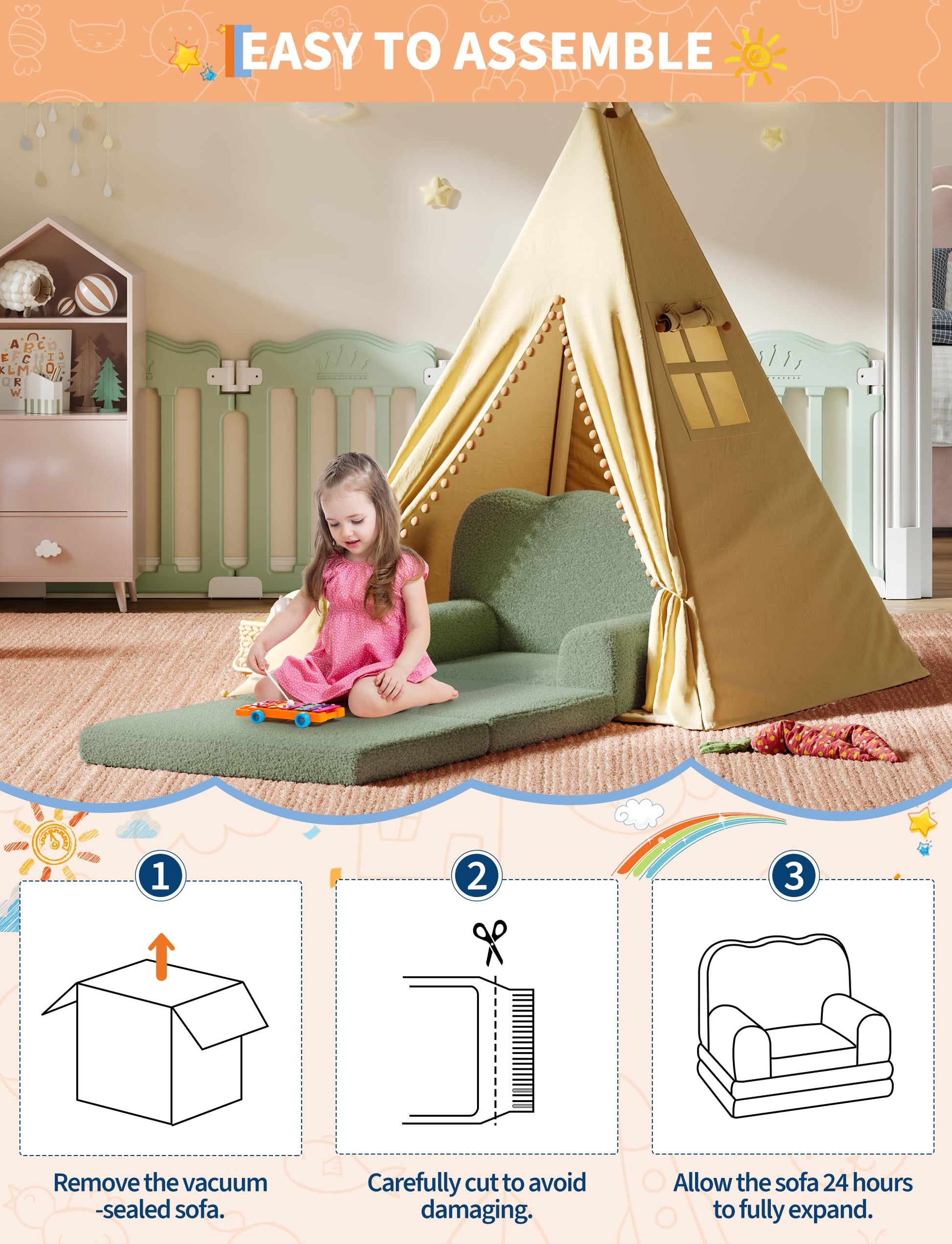 Canapé-lit pliant 2 en 1 Garvee pour enfants, en mousse et sherpa doux, motif vagues vertes, idéal pour la salle de jeux, léger et doté d'une base antidérapante.