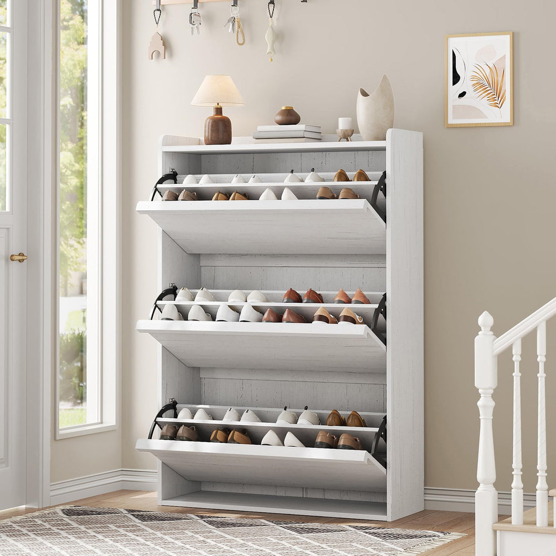 Garvee Meuble à chaussures 3 tiroirs abattants, MDF blanc, 80,5×25,9×117,1cm, étagères réglables pour entrée et salon