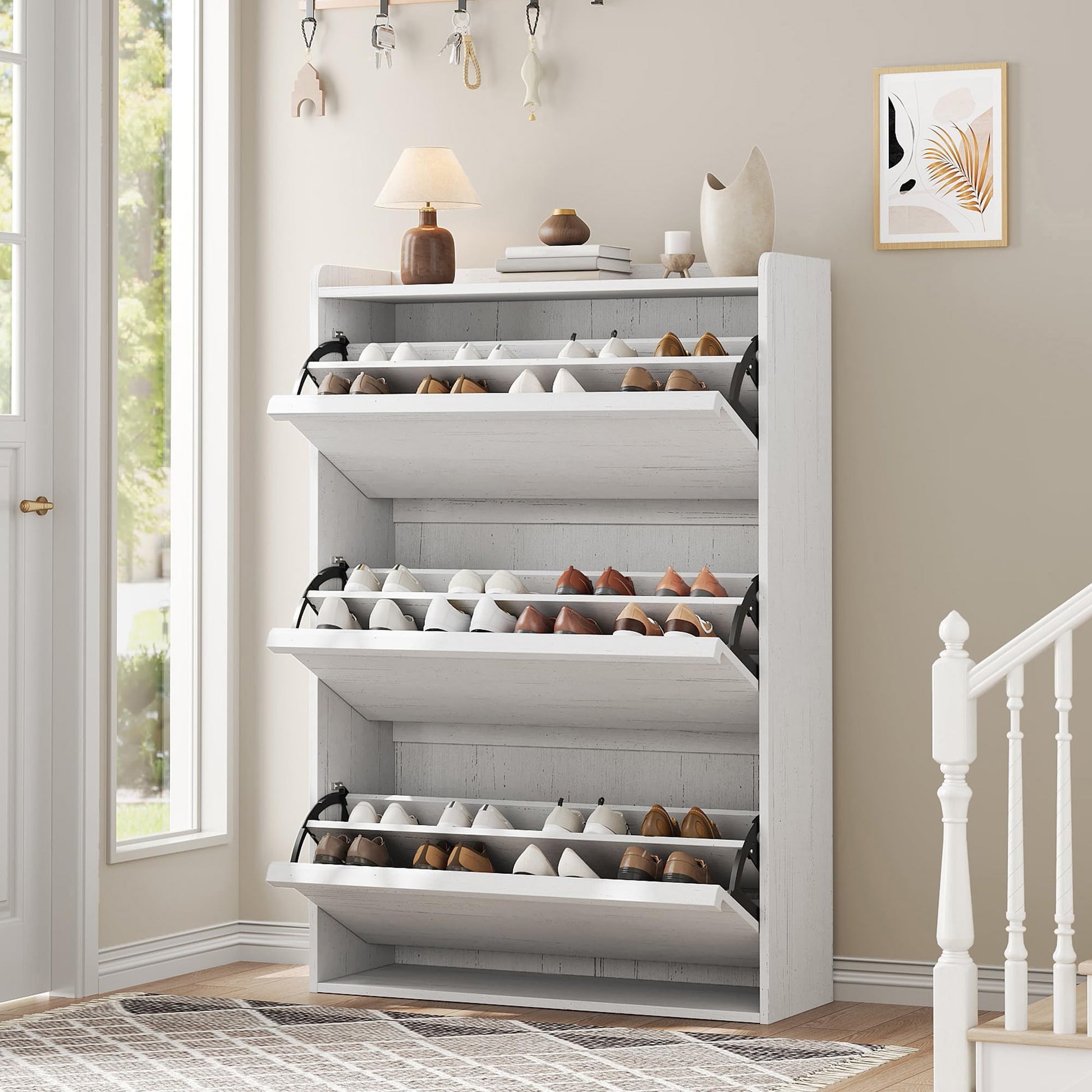 Meuble à chaussures Garvee avec 3 tiroirs abattants, étagère réglable, bois MDF, blanc, pour entrée et salon, gain de place, antidérapant, 80,5 cm x 25,9 cm x 117 cm