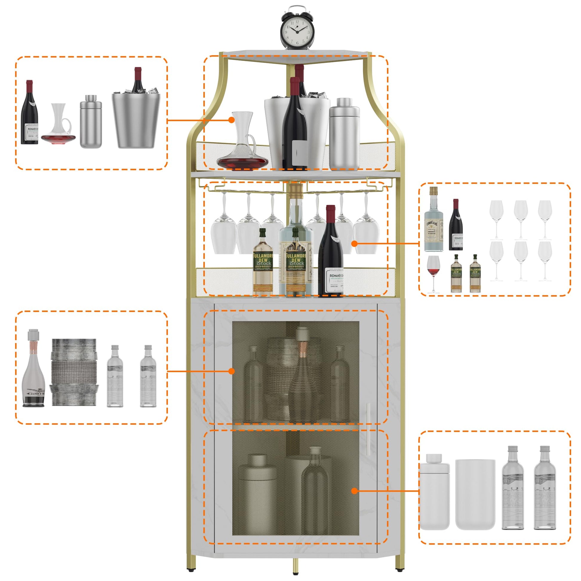 Meuble bar d'angle Garvee pour spiritueux avec étagères réglables, 155 cm, style industriel, structure robuste en MDF et métal, porte grillagée, porte-verres, autoportant, cuisine et salon, noir