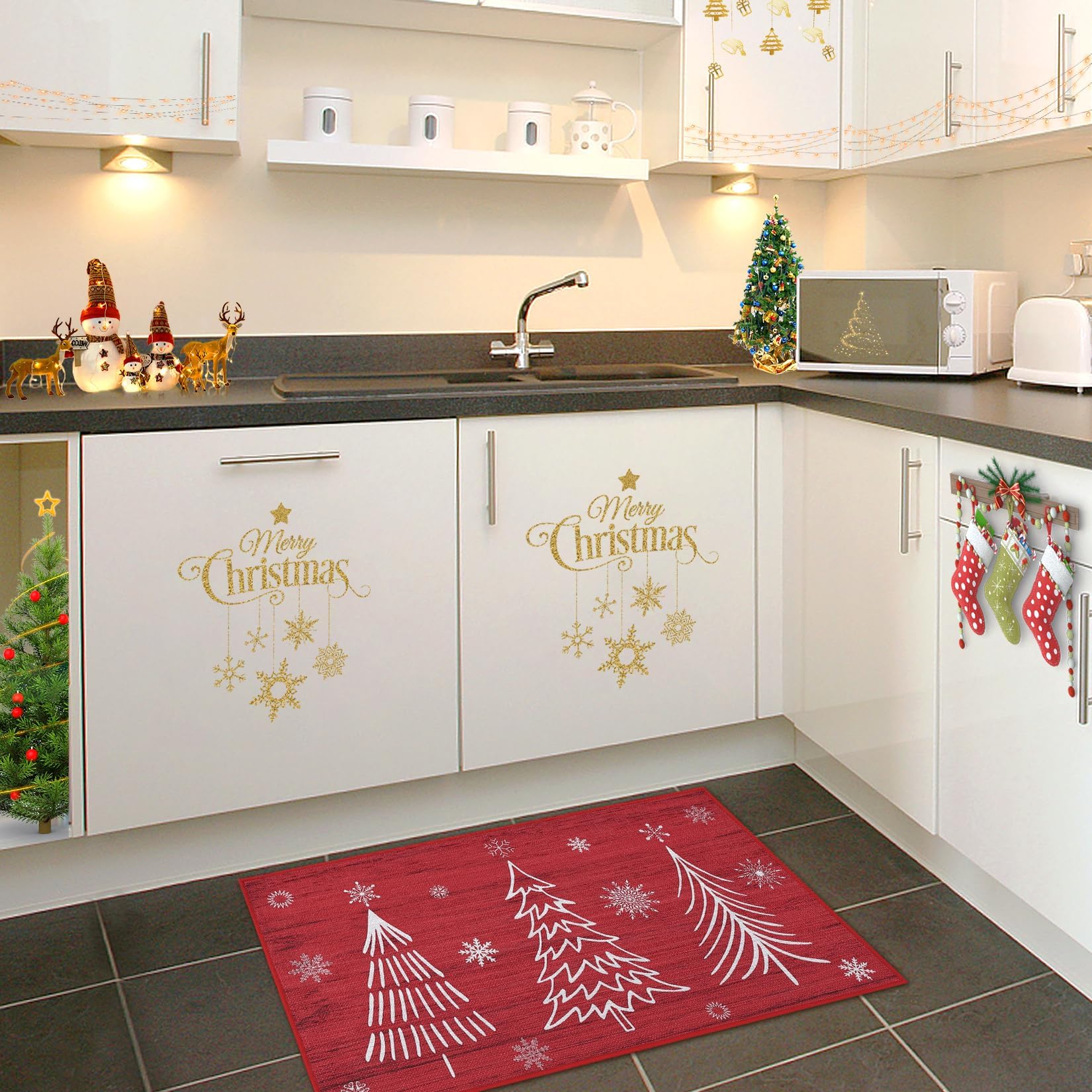 Garvee Christmas Zerbino Tapis de Noël Antidérapant 40x60cm, Motif Sapins de Noël et Flocons de Neige, Polyester, Pour Intérieur et Extérieur