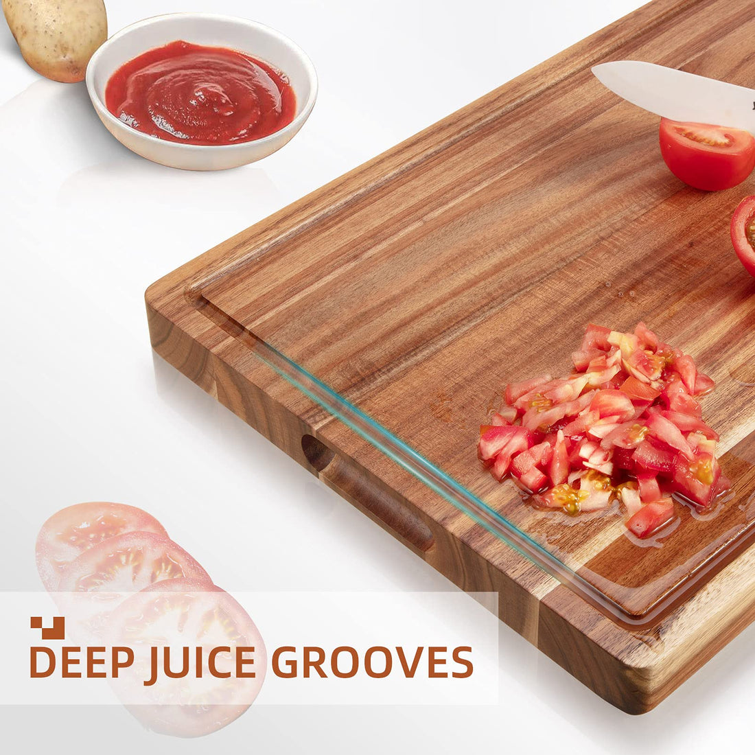 Garvee Planche à découper en bois d'acacia 50 x 38 x 3,8 cm, Avec rainure à jus, double face, robuste et polyvalente