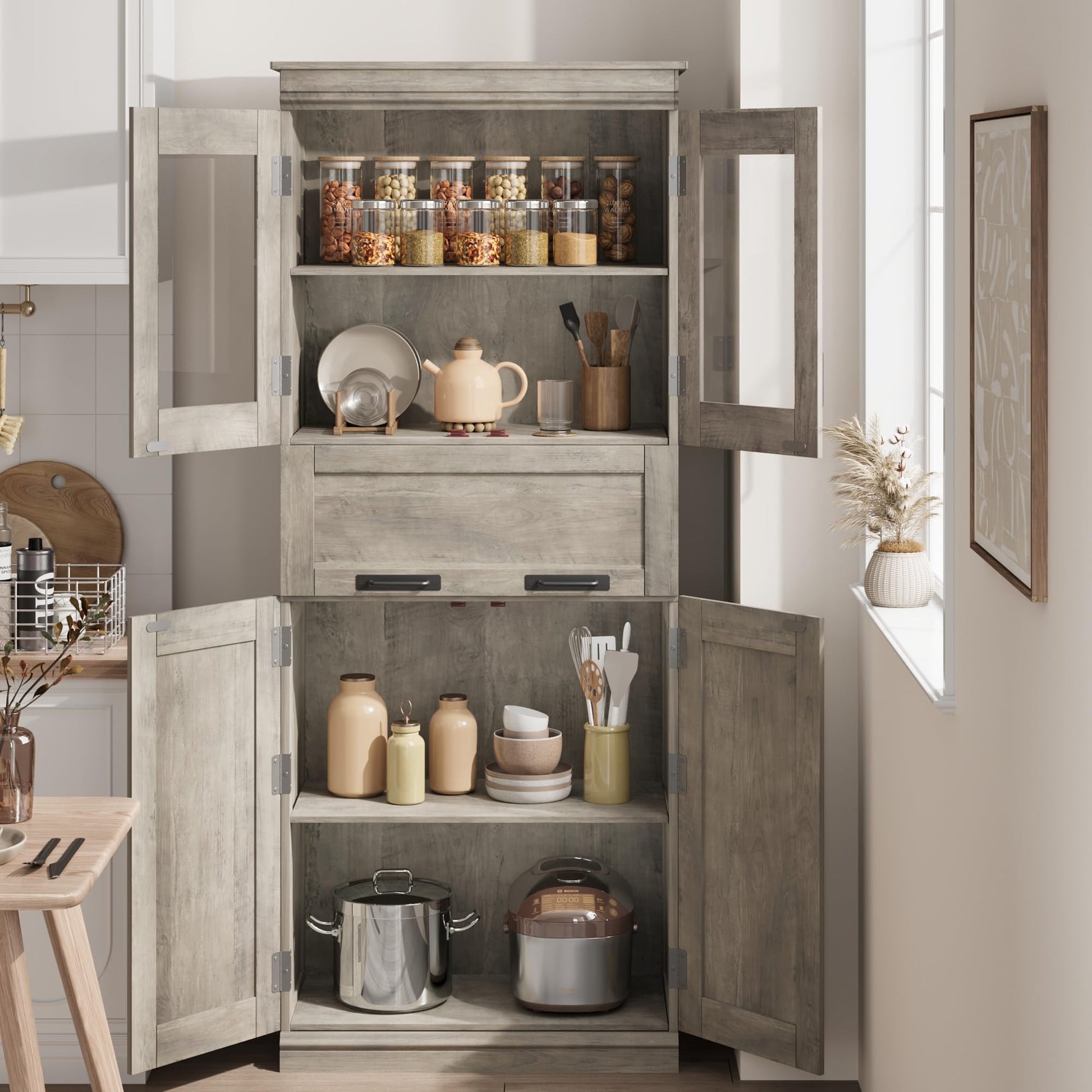 Garvee meuble de salle de bain de 170 cm de haut avec portes vitrées, étagères réglables, tiroir, MDF, autoportant, gris, pour salle de bain et salon