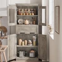 Garvee meuble de salle de bain de 170 cm de haut avec portes vitrées, étagères réglables, tiroir, MDF, autoportant, gris, pour salle de bain et salon
