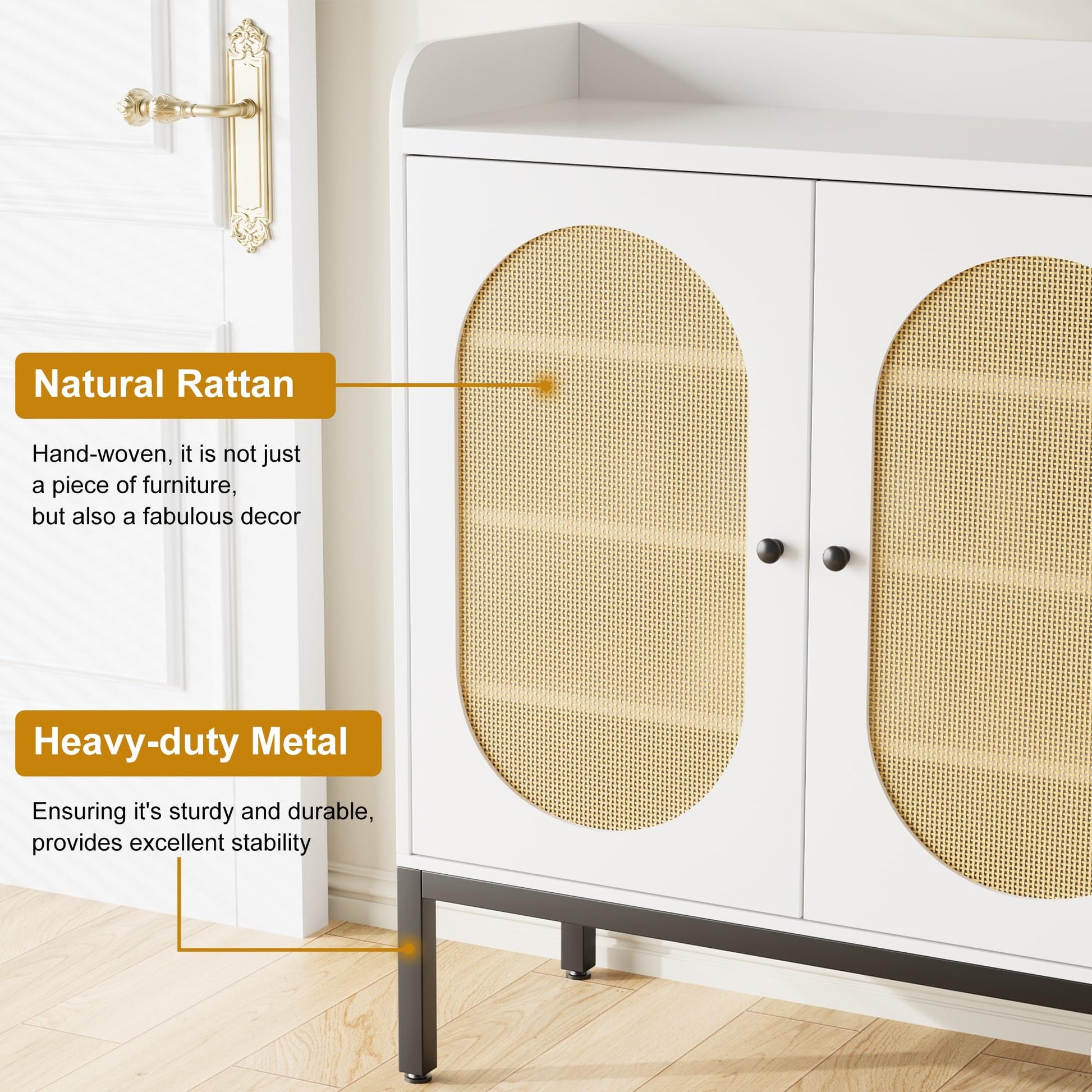 Meuble à chaussures Garvee avec 3 portes en rotin, étagères réglables, en MDF blanc, idéal pour l'entrée et le salon, grand espace de rangement, 117 cm (L) x 35 cm (l) x 73 cm (H)