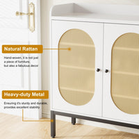 Meuble à chaussures Garvee avec 3 portes en rotin, étagères réglables, en MDF blanc, idéal pour l'entrée et le salon, grand espace de rangement, 117 cm (L) x 35 cm (l) x 73 cm (H)