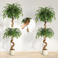 Ficus artificiel Garvee de 1,5 m avec tronc courbé, plus de 1134 feuilles en soie, pot blanc pour bureau et salon