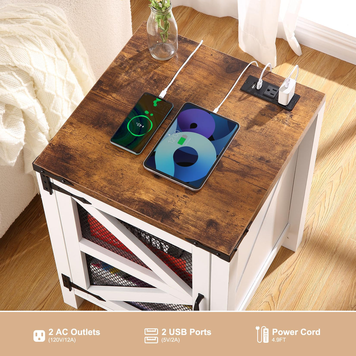 Garvee table de chevet style campagne avec chargeur intégré, plateau de 46 cm, 2 ports USB, 2 prises de courant, bois, étagères réglables, chambre, salon