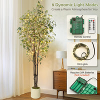 Eucalyptus artificiel Garvee de 2,13 m avec 100 lumières LED, branches ajustables, pot en plastique blanc, décoration intérieure et extérieure