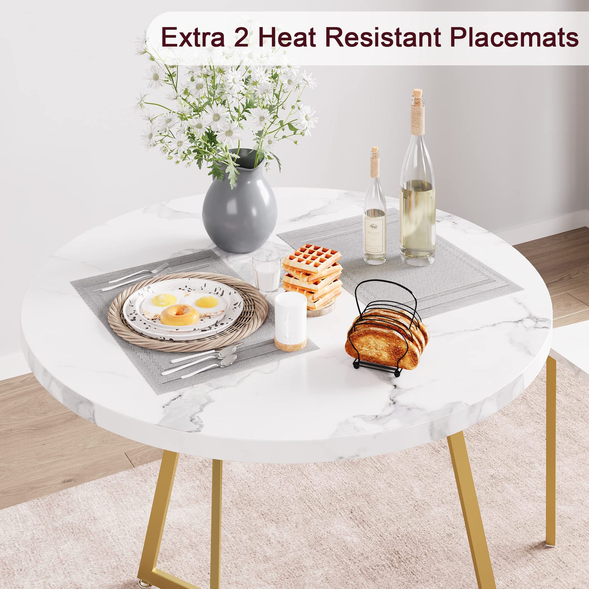 Ensemble table et chaises de salle à manger Garvee pour 2 personnes, table de cuisine ronde moderne avec chaises rembourrées, marbre blanc et or, MDF et acier, gain de place pour les petites pièces