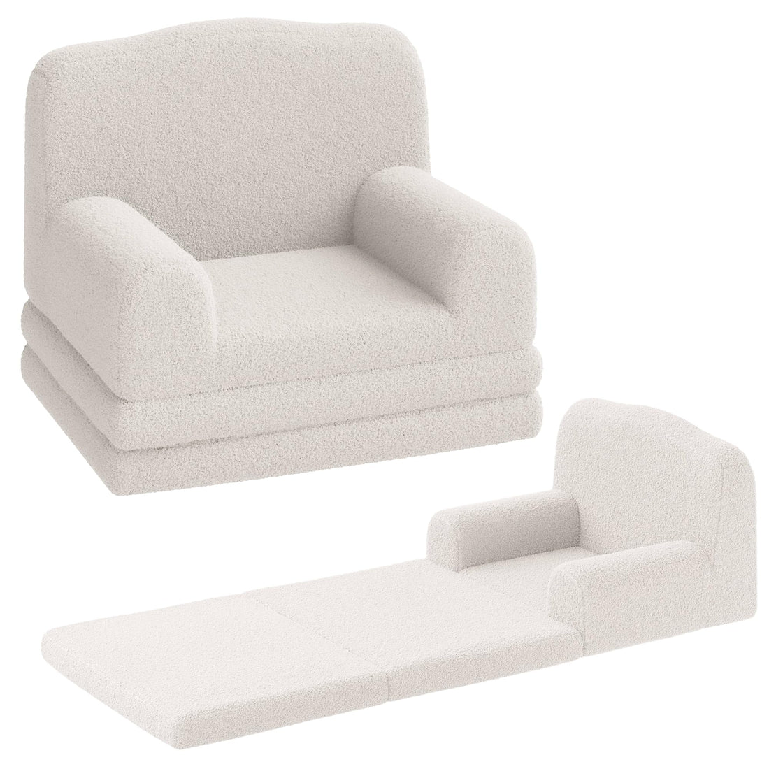 Canapé enfant Garvee 2-en-1 pliable, coussin doux en sherpa, mousse haute densité, antidérapant et sécuritaire pour la salle de jeux, 58 x 132 x 33 cm, blanc