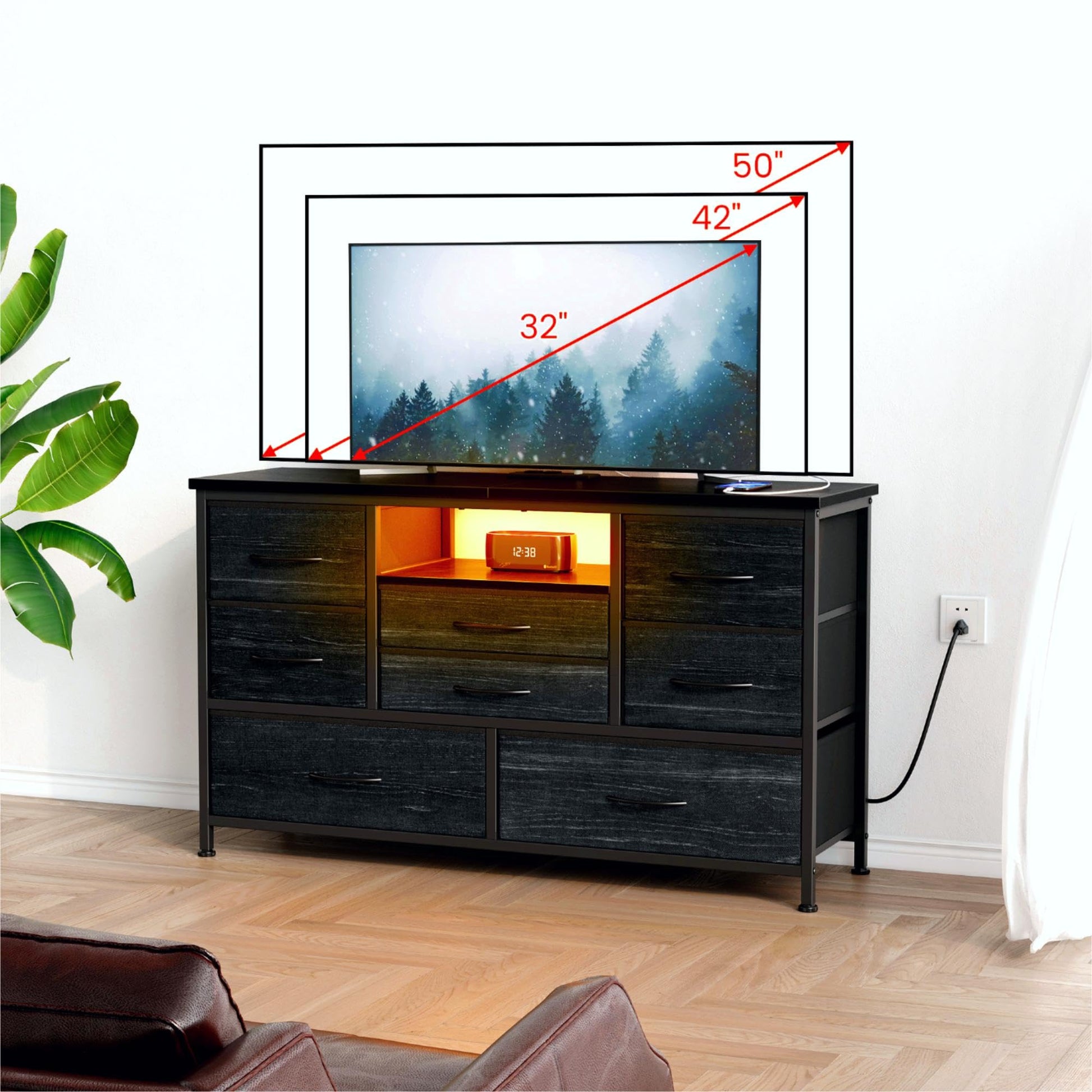 Meuble TV Garvee à 8 tiroirs avec éclairage LED et prise électrique pour salon et chambre, en MDF, éclairage RGB, grand espace de rangement, gestion des câbles, blanc