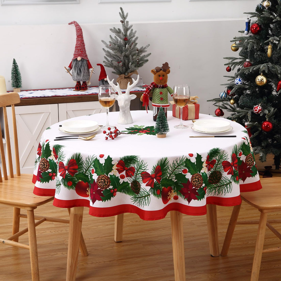 Garvee Nappe ronde de Noël à motif de feuilles, en polyester imperméable et résistant à la chaleur, idéale pour la salle à manger et le salon, Rouge, 152 cm