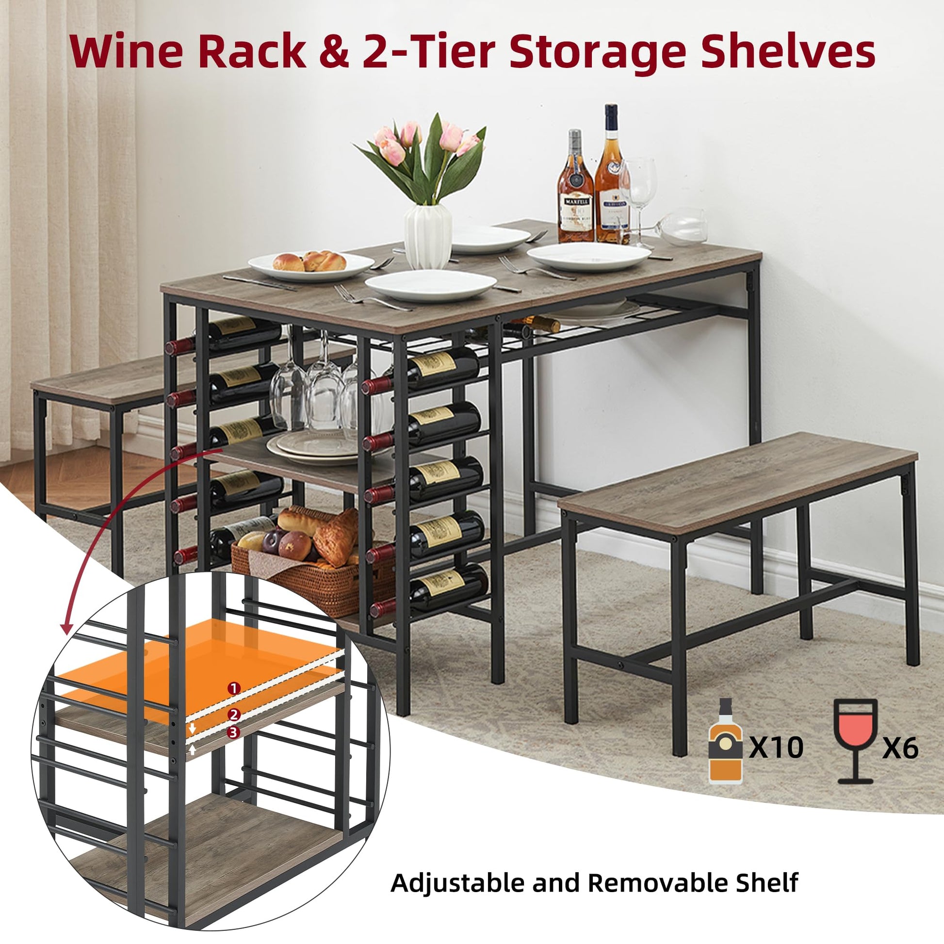 Ensemble de salle à manger Garvee pour 4 personnes avec casier à vin et rangement, métal et bois, gain de place, robuste, 2 bancs, idéal pour les petits espaces