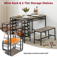 Ensemble de salle à manger Garvee pour 4 personnes avec casier à vin et rangement, métal et bois, gain de place, robuste, 2 bancs, idéal pour les petits espaces