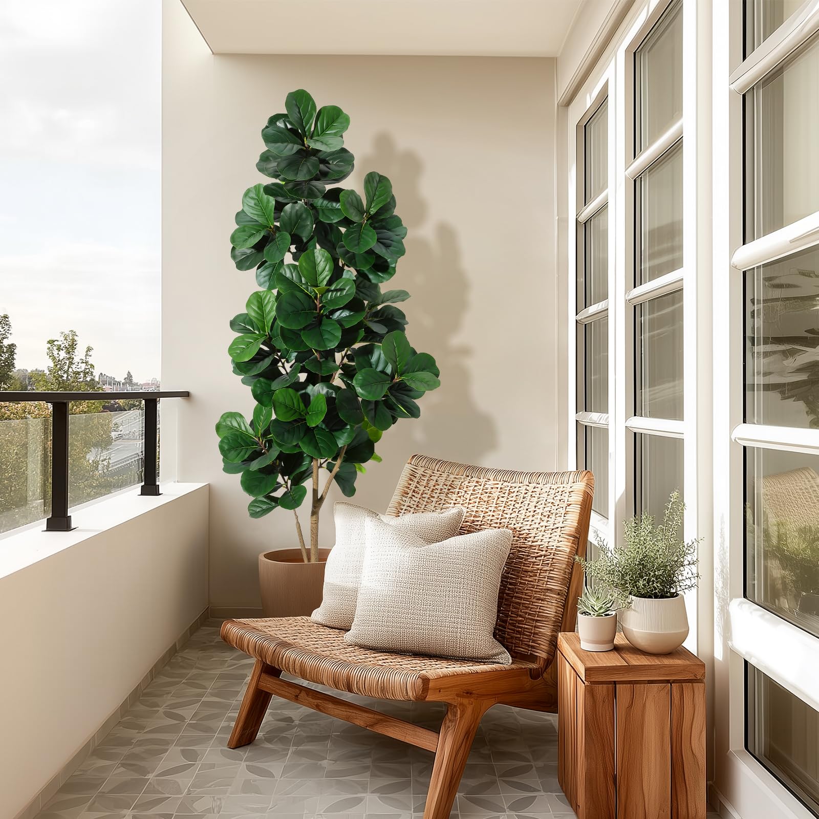 Ficus lyrata artificiel Garvee de 2,13 m (7 pi) avec 141 feuilles, pot blanc de 23 cm (9 po), décoration pour bureau et salon, feuilles en PVC et PE, design stable