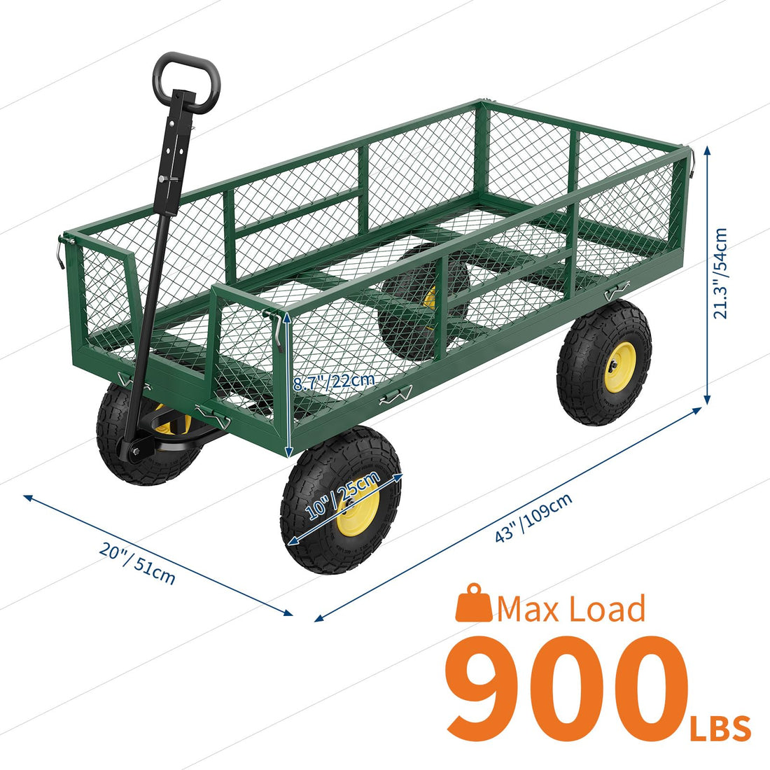 Chariot de jardin GARVEE 408 kg (900 lb), acier renforcé, côtés grillagés amovibles, poignée réglable, pneus 25 cm, vert