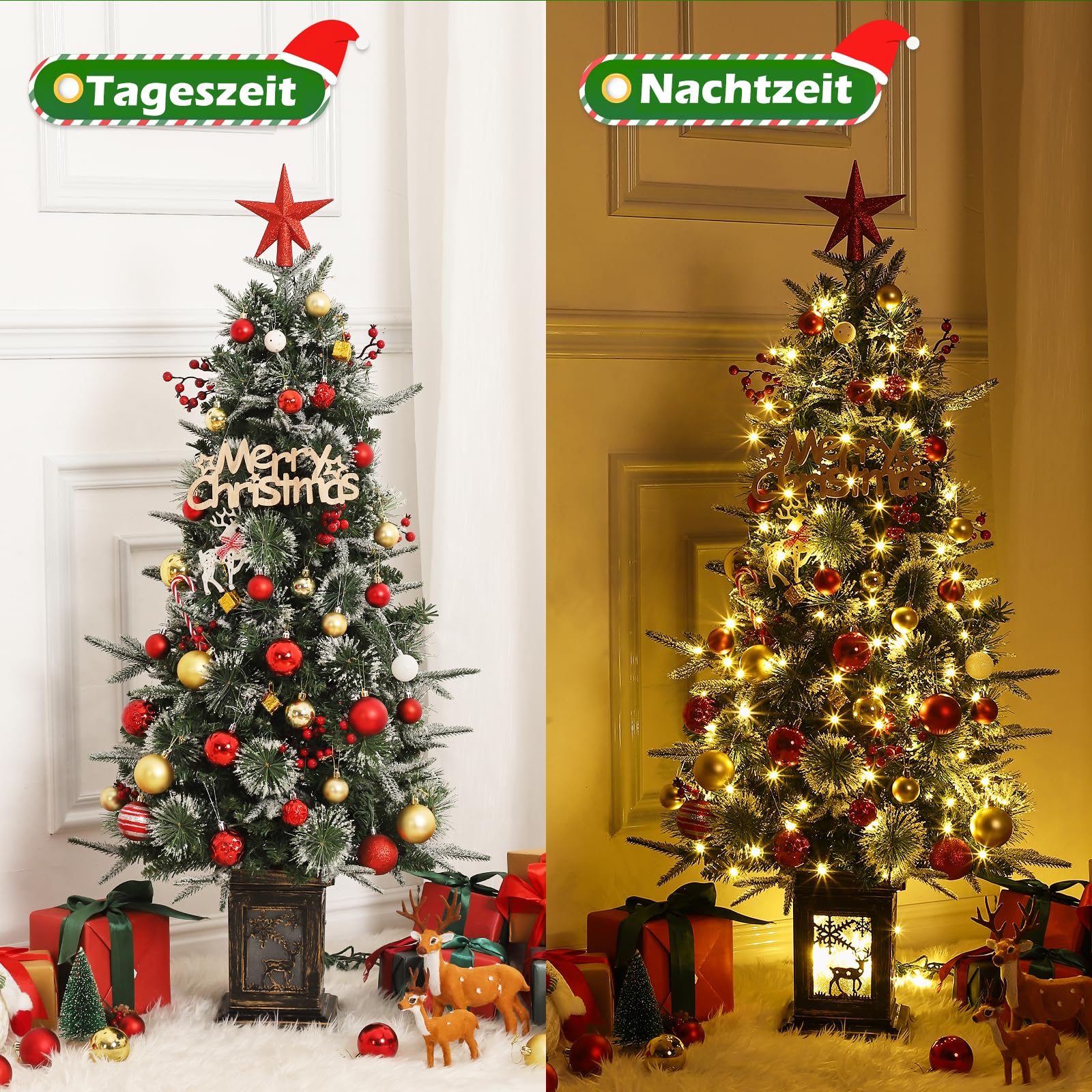 Sapin de Noël artificiel Garvee 125 cm avec éclairage LED et socle renne - Décoration de Noël festive