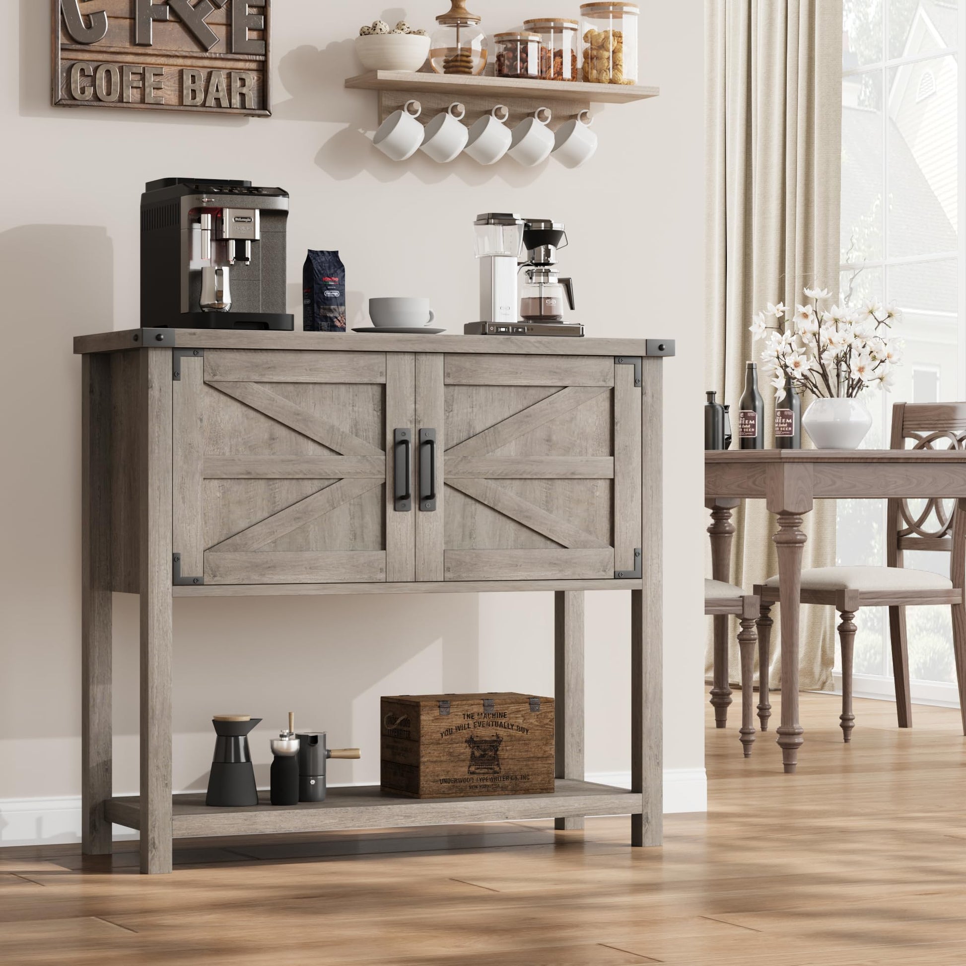 Console en bois Garvee style ferme avec 2 portes pour la cuisine et l'entrée, 80 x 36 x 86 cm, grise, robuste et multifonctionnelle