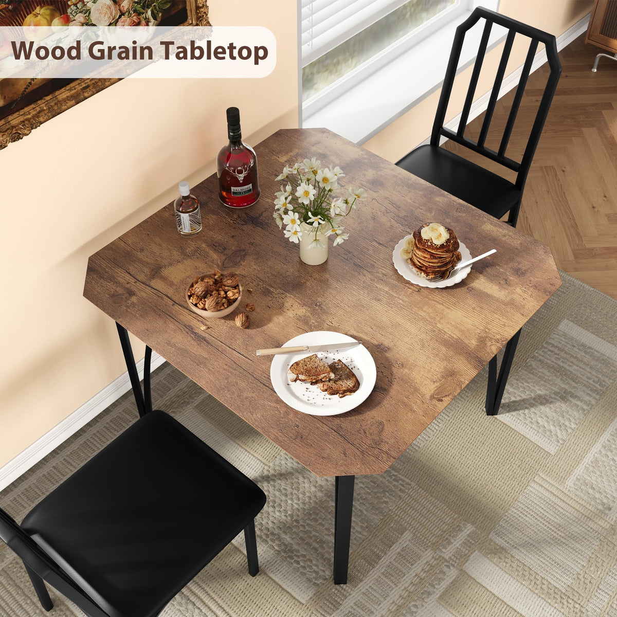 Ensemble table et chaises Garvee pour 2 personnes, design biseauté, chaises rembourrées en PU, structure en MDF et acier, compact, idéal pour les petits espaces, 111 x 70 x 78 cm, noir
