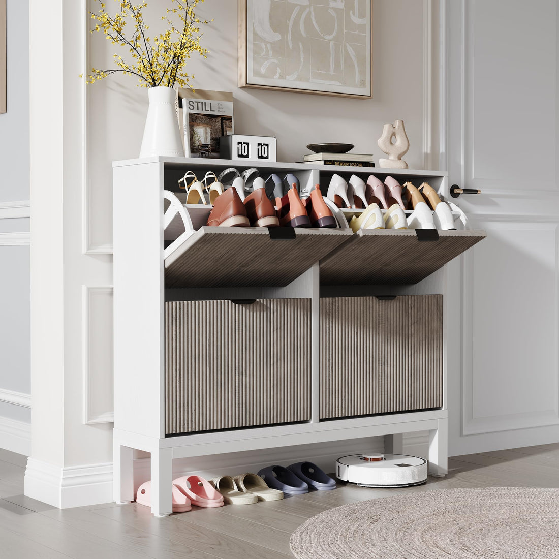 Meuble à chaussures cannelé Garvee avec 4 tiroirs abattants, pieds en métal, style campagne moderne, en bois, étroit, idéal pour un couloir ou une entrée, blanc