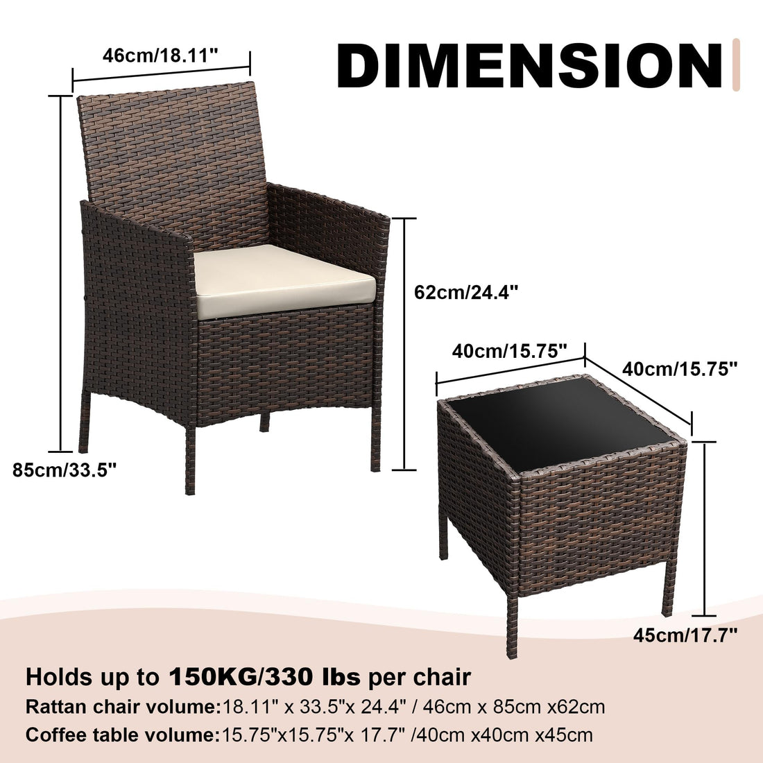 Garvee Ensemble de mobilier de jardin, 3 pièces, rotin PE, chaises ergonomiques, table en verre, tous temps, marron-beige, balcon, jardin