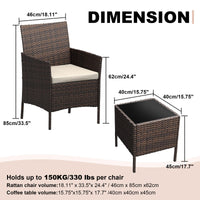 Ensemble de mobilier de jardin Garvee, 3 pièces, rotin PE, chaises ergonomiques, table en verre, résistant aux intempéries, marron-beige, balcon, jardin