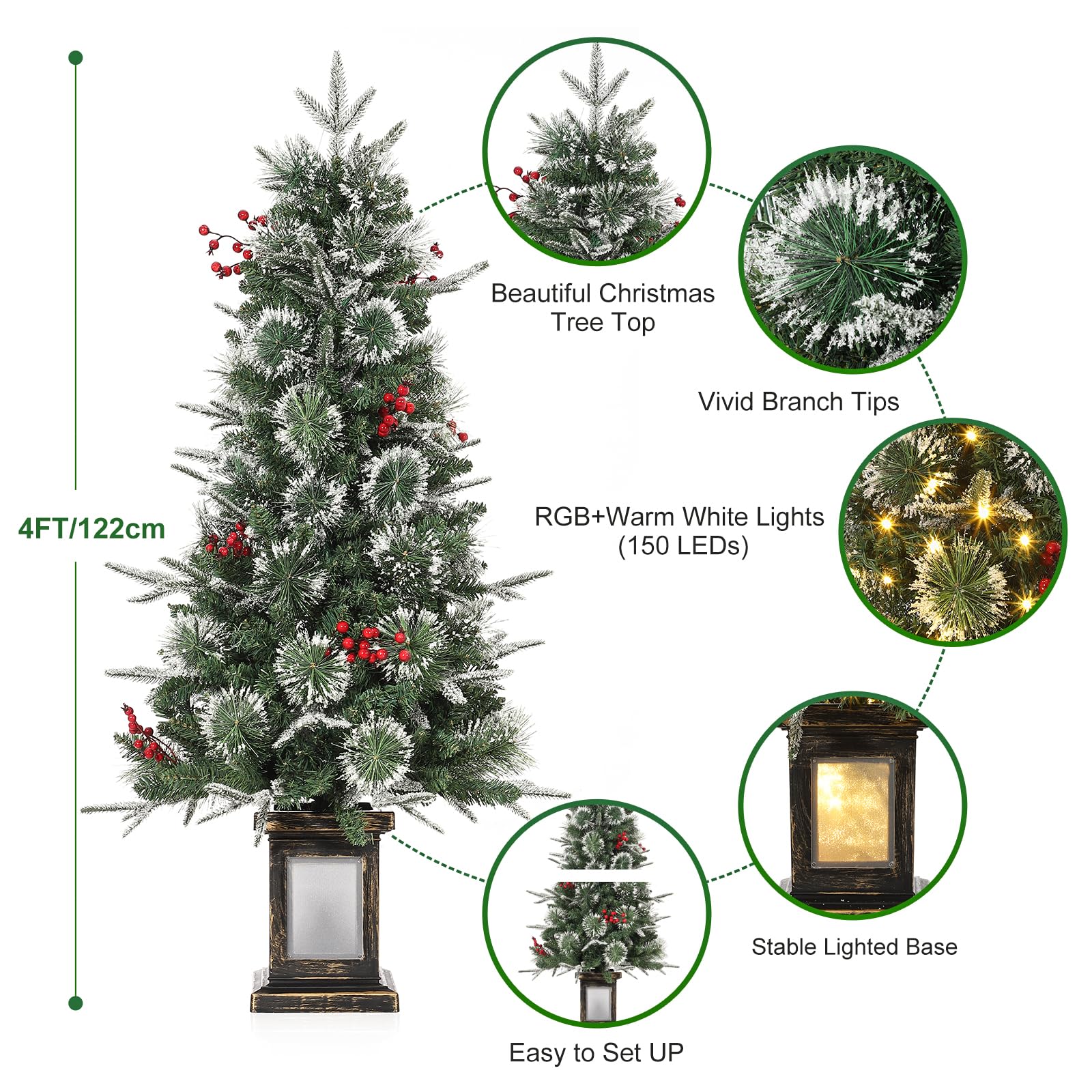 Sapin de Noël artificiel Garvee, 1 pièce – 120 cm, 150 LED (blanc chaud et multicolore), 8 modes d'éclairage, base transparente, fibre optique