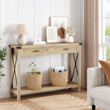 Console Garvee style ferme avec tiroirs en rotin, 109 cm, style rustique, idéale pour un couloir ou un salon.