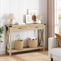 Console Garvee style ferme avec tiroirs en rotin, 109 cm, style rustique, idéale pour un couloir ou un salon.