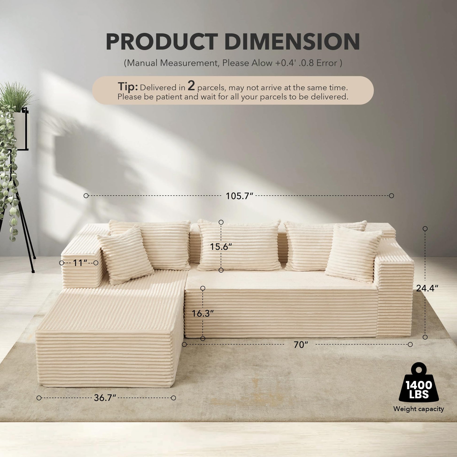 Canapé d'angle modulable Garvee Cloud Couch 269 cm (106 po) avec assise profonde de 41,4 cm (16,3 po) et méridienne de 93,2 cm (36,7 po), revêtement en velours côtelé, structure sans armature, 5 coussins, salon, beige