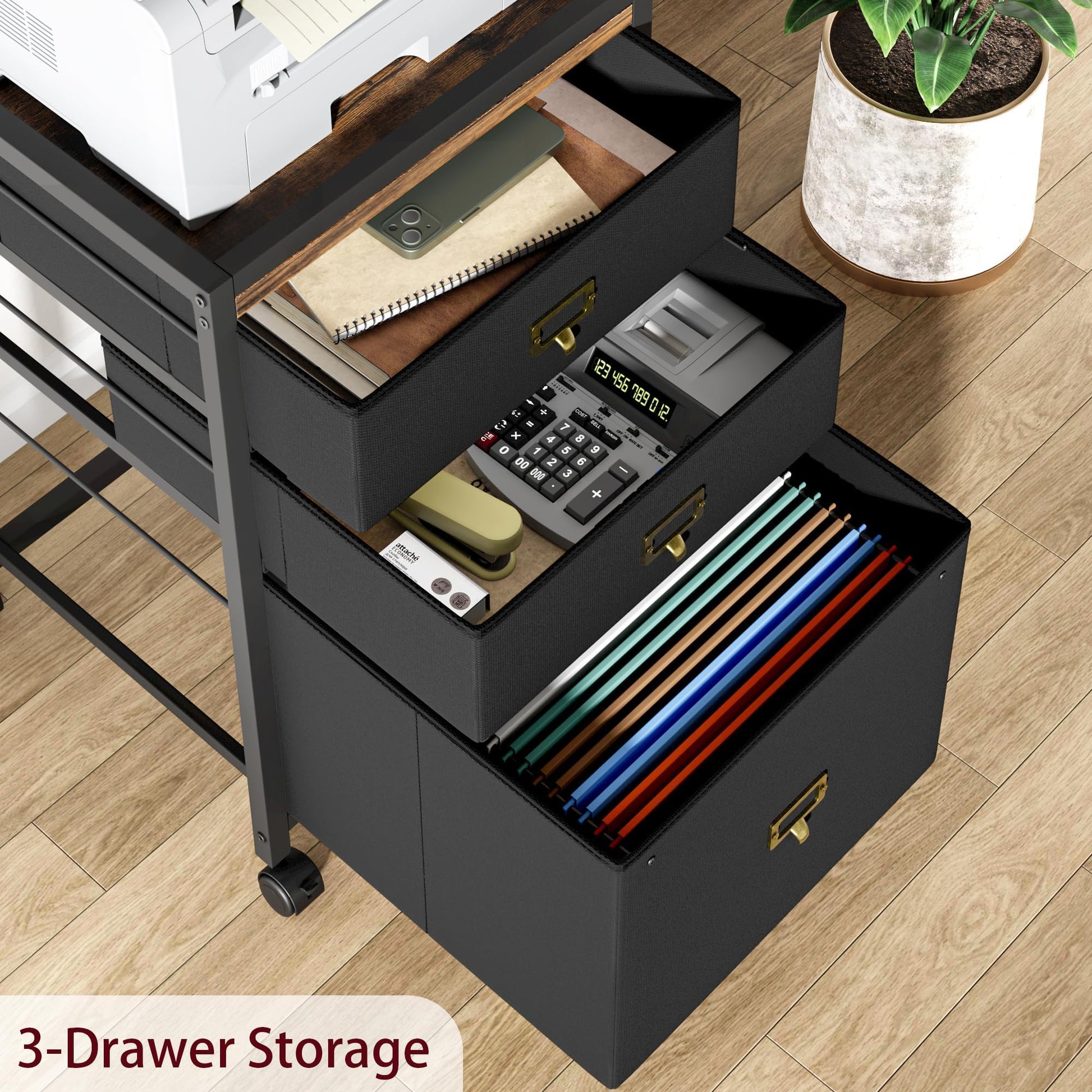Garvee Caisson de classement mobile 3 tiroirs avec roulettes, cadre métal, plateau MDF, compatible A4/Lettre, noir rustique, bureau maison.