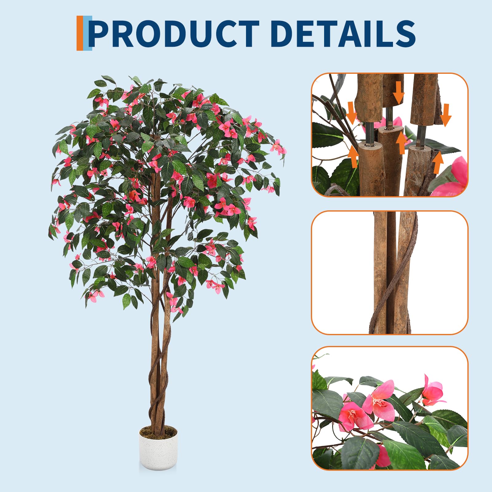 Garvee Bougainvillier Artificiel 160 cm, Arbre Décoratif avec Tronc en Bois Véritable et Fleurs en Polyester, Rose Fuchsia