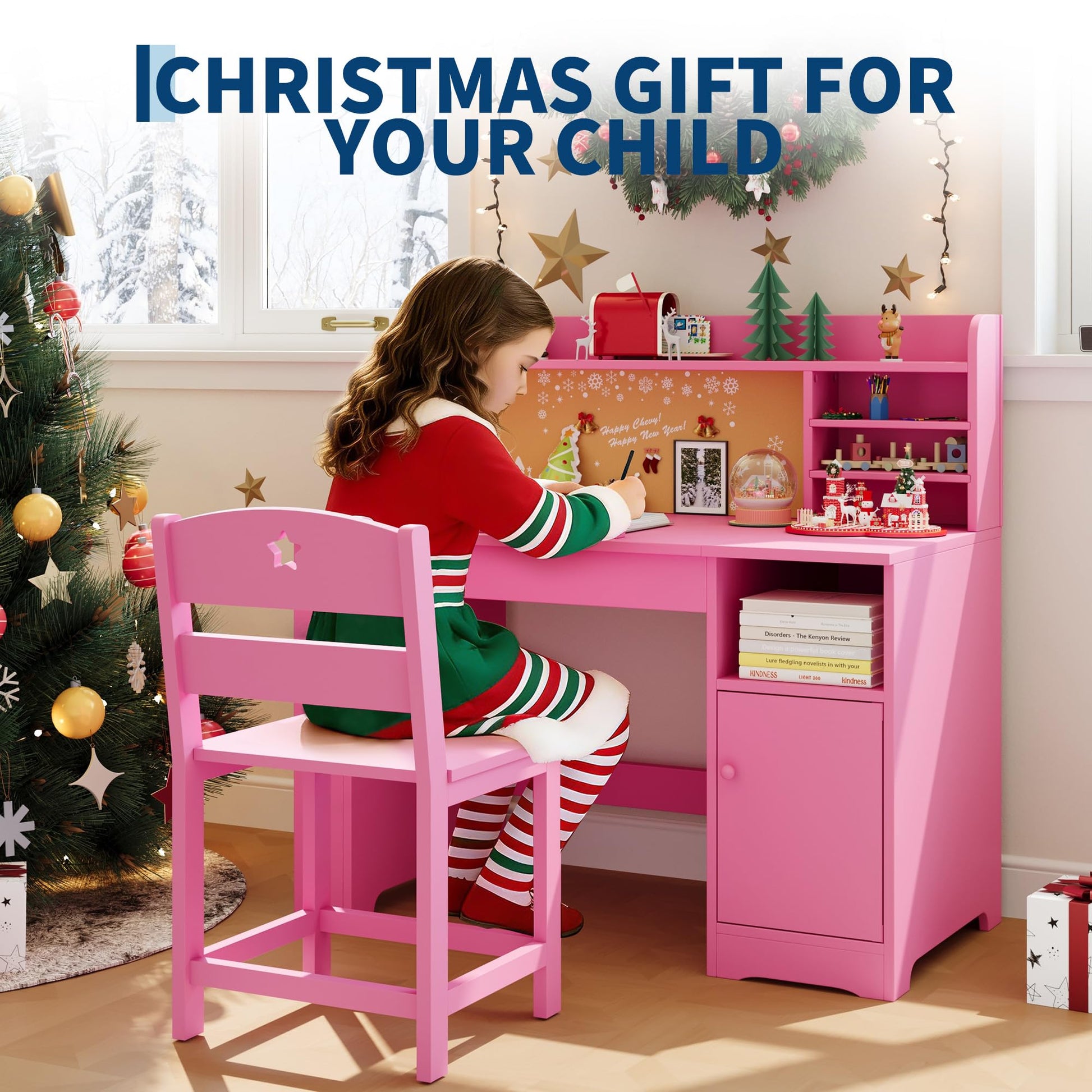 Garvee Bureau enfant ergonomique rose avec chaise, plateau inclinable et meuble de rangement, idéal pour étude, devoirs et activités créatives