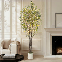 Eucalyptus artificiel Garvee de 2,13 m avec 100 lumières LED, branches ajustables, pot en plastique blanc, décoration intérieure et extérieure