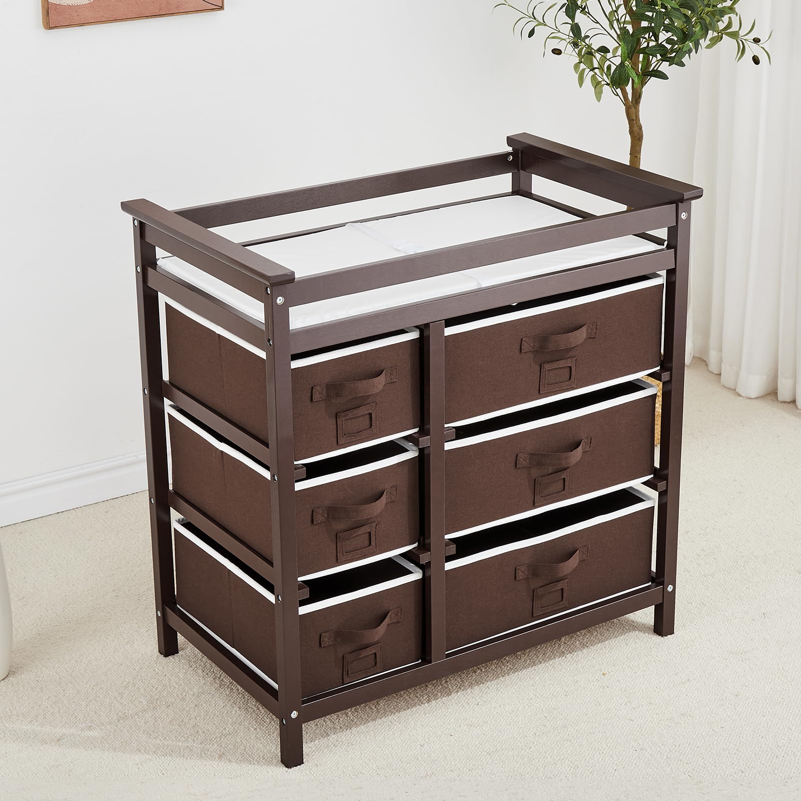 Table à langer Garvee pour bébé avec 6 tiroirs, barrières de sécurité, hauteur réglable pour nouveau-nés et nourrissons, bois, tapis imperméable, facile à nettoyer